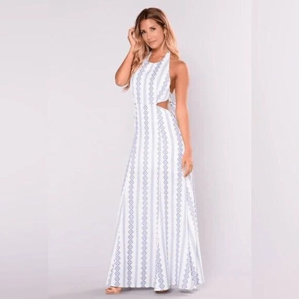 Hommage LA Dress Womens Medium Bohemian Blue Halter Maxi Ladies Cut Out Backless - Picture 1 of 15